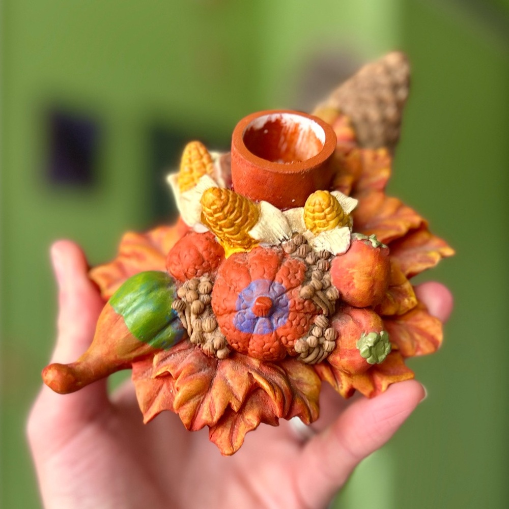 VTG 3D Harvest Textured Cornucopia Candlestick Holder Cottagecore Farmhouse Art
